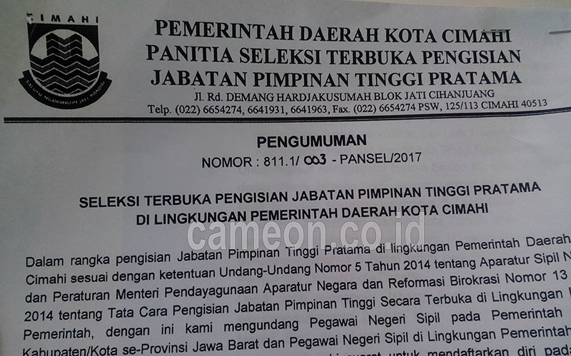 Lelang Jabatan Enam Kadis Kota Cimahi Dibuka Hari Ini