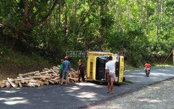 Diduga Sopir Ngantuk, Truk Bermuatan Kayu di Pangandaran Terguling