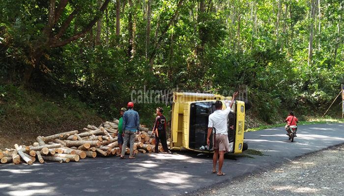 Diduga Sopir Ngantuk, Truk Bermuatan Kayu di Pangandaran Terguling